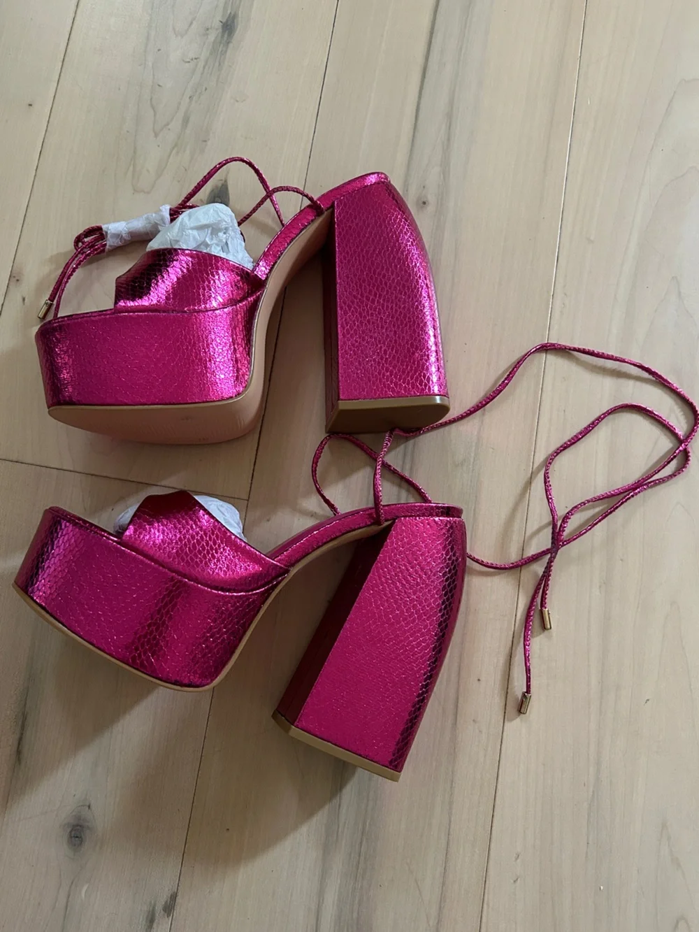 Metallic Pink Tie Ankle Chunky Platform Sandals Size 6
